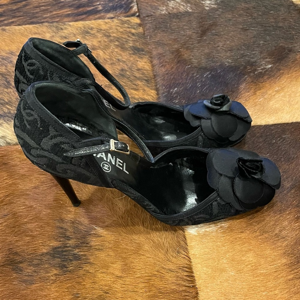 Chanel Camellia Ankle Strap Velvet Heels